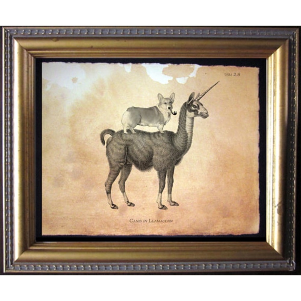 Corgi Dog on Llamacorn Wall Art Print Tea Stained